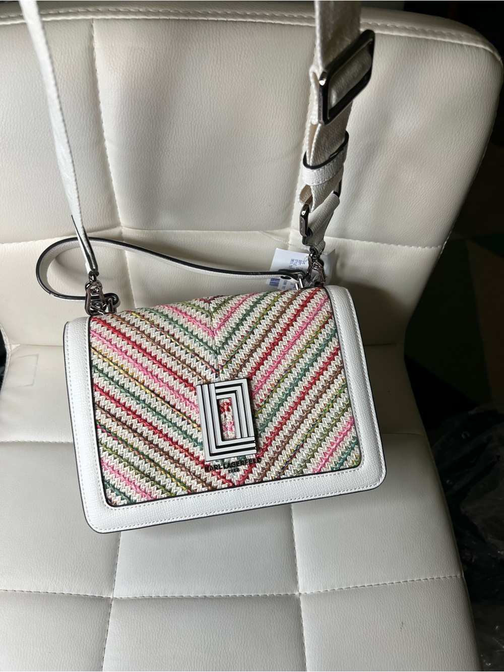 Karl Lagerfeld White-Trim Woven Multicolor Chevron Crossbody